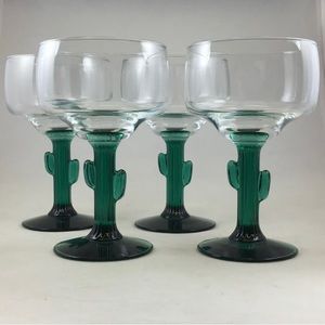 Libbey Cactus Margarita Glasses Set of 4 Green Stems and Clear Bowls Stunning